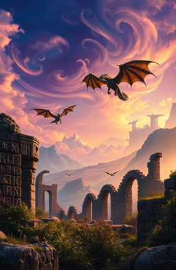 A captivating fantasy novel cover featuring ancient runes etched into stone, with majestic dragons soaring gracefully in the distance above a landscape of crumbling ruins