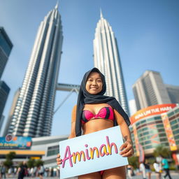 A Malaysian girl in a hijab wearing a bikini, standing confidently in front of the iconic Petronas Twin Towers (KLCC) in Kuala Lumpur
