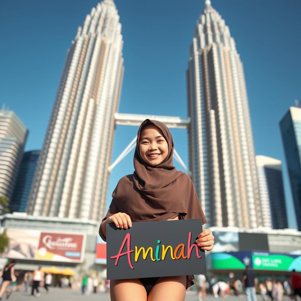 A Malaysian girl in a hijab wearing a bikini, standing confidently in front of the iconic Petronas Twin Towers (KLCC) in Kuala Lumpur