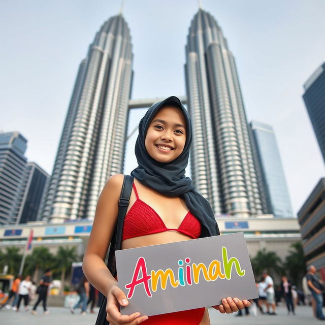 A Malaysian girl in a hijab wearing a bikini, standing confidently in front of the iconic Petronas Twin Towers (KLCC) in Kuala Lumpur