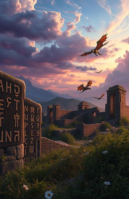 A captivating fantasy novel cover featuring ancient runes etched into stone, with majestic dragons soaring gracefully in the distance above a landscape of crumbling ruins