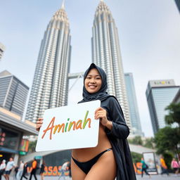 A Malaysian girl in a hijab wearing a bikini, standing confidently in front of the iconic Petronas Twin Towers (KLCC) in Kuala Lumpur