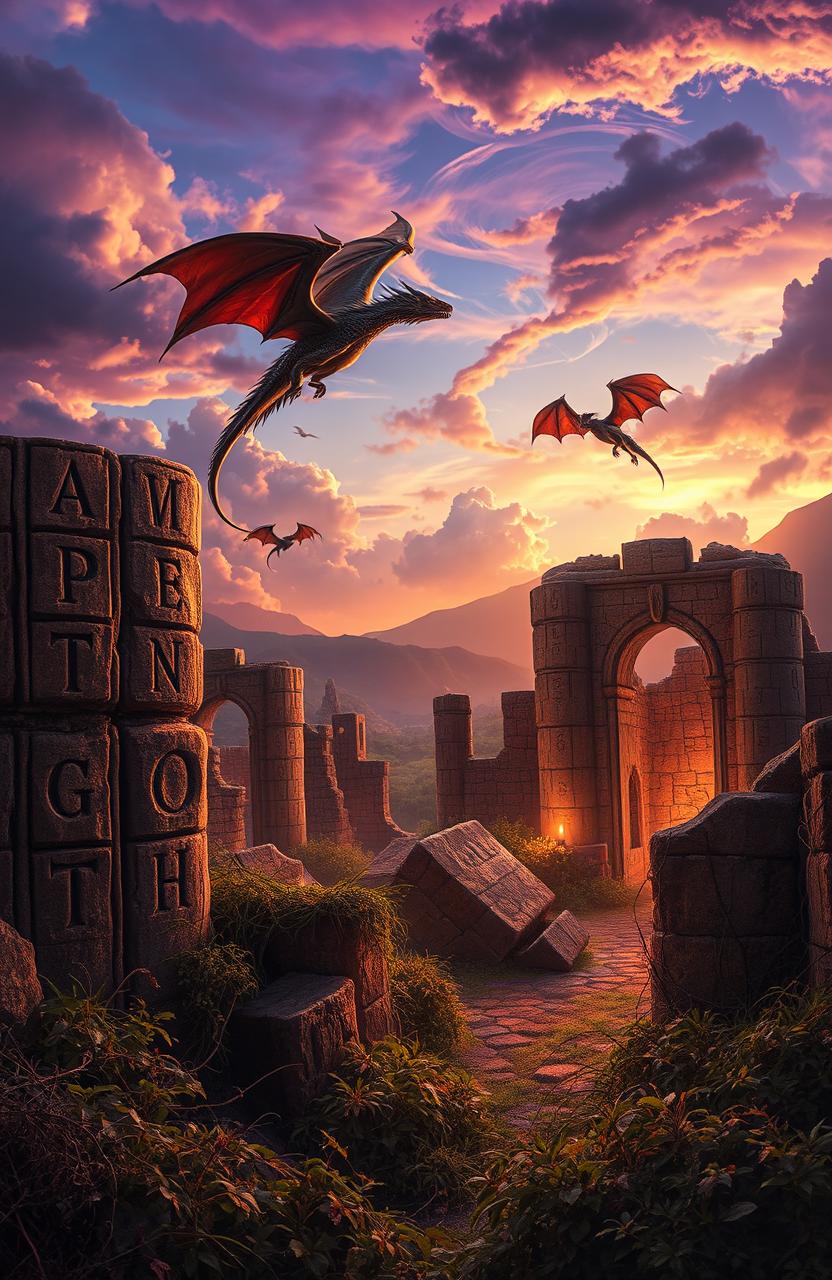 A captivating fantasy novel cover featuring ancient runes etched into stone, with majestic dragons soaring gracefully in the distance above a landscape of crumbling ruins