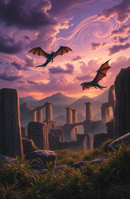 A captivating fantasy novel cover featuring ancient runes etched into stone, with majestic dragons soaring gracefully in the distance above a landscape of crumbling ruins
