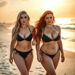 A beautiful, sexy, innocent soft chubby girl with long blond hair and vibrant blue eyes, featuring dark pink and blue face makeup, bold black eyeliner, and long lashes, walks alongside her gorgeous voluptuous redhead girlfriend