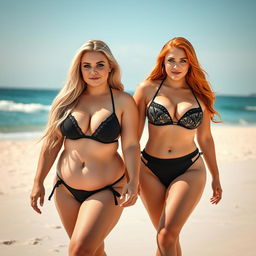 A beautiful, sexy, innocent soft chubby girl with long blond hair and vibrant blue eyes, featuring dark pink and blue face makeup, bold black eyeliner, and long lashes, walks alongside her gorgeous voluptuous redhead girlfriend