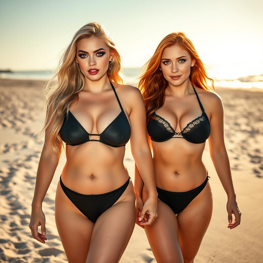 A beautiful, sexy, innocent soft chubby girl with long blond hair and vibrant blue eyes, featuring dark pink and blue face makeup, bold black eyeliner, and long lashes, walks alongside her gorgeous voluptuous redhead girlfriend