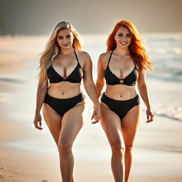 A beautiful, sexy, innocent soft chubby girl with long blond hair and enchanting blue eyes, featuring dark pink and blue face makeup, bold black eyeliner, and long lashes, walks alongside her stunning voluptuous redhead girlfriend