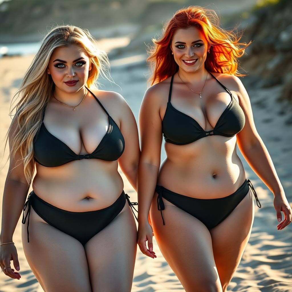 A beautiful, sexy, innocent soft chubby girl with long blond hair and enchanting blue eyes, featuring dark pink and blue face makeup, bold black eyeliner, and long lashes, walks alongside her stunning voluptuous redhead girlfriend