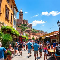 A scenic view of a popular tourist destination, showcasing vibrant landscapes, historical architecture, and excited tourists exploring the area