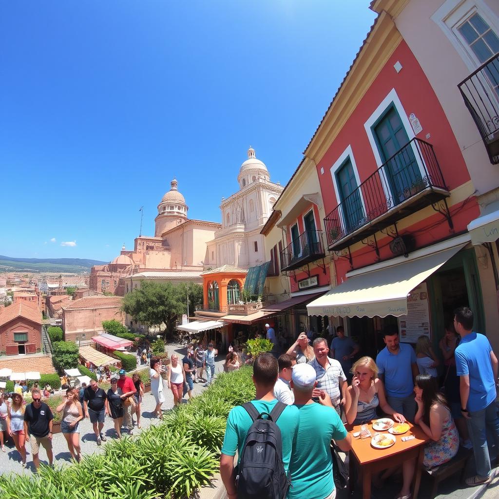 A scenic view of a popular tourist destination, showcasing vibrant landscapes, historical architecture, and excited tourists exploring the area