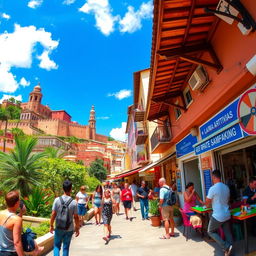 A scenic view of a popular tourist destination, showcasing vibrant landscapes, historical architecture, and excited tourists exploring the area