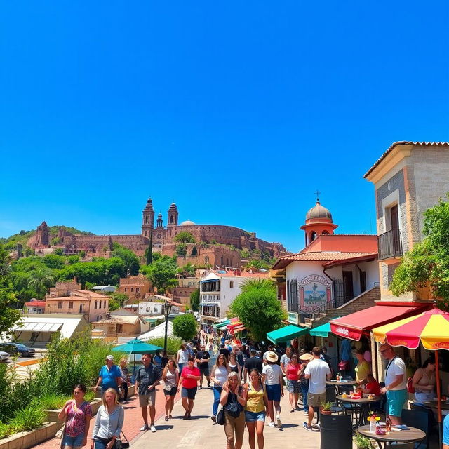A scenic view of a popular tourist destination, showcasing vibrant landscapes, historical architecture, and excited tourists exploring the area