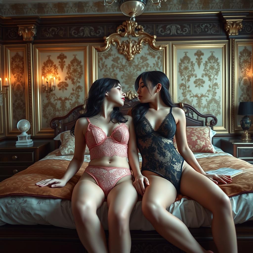 Two Japanese girls in an opulent palace bedroom, lying on a luxurious bed