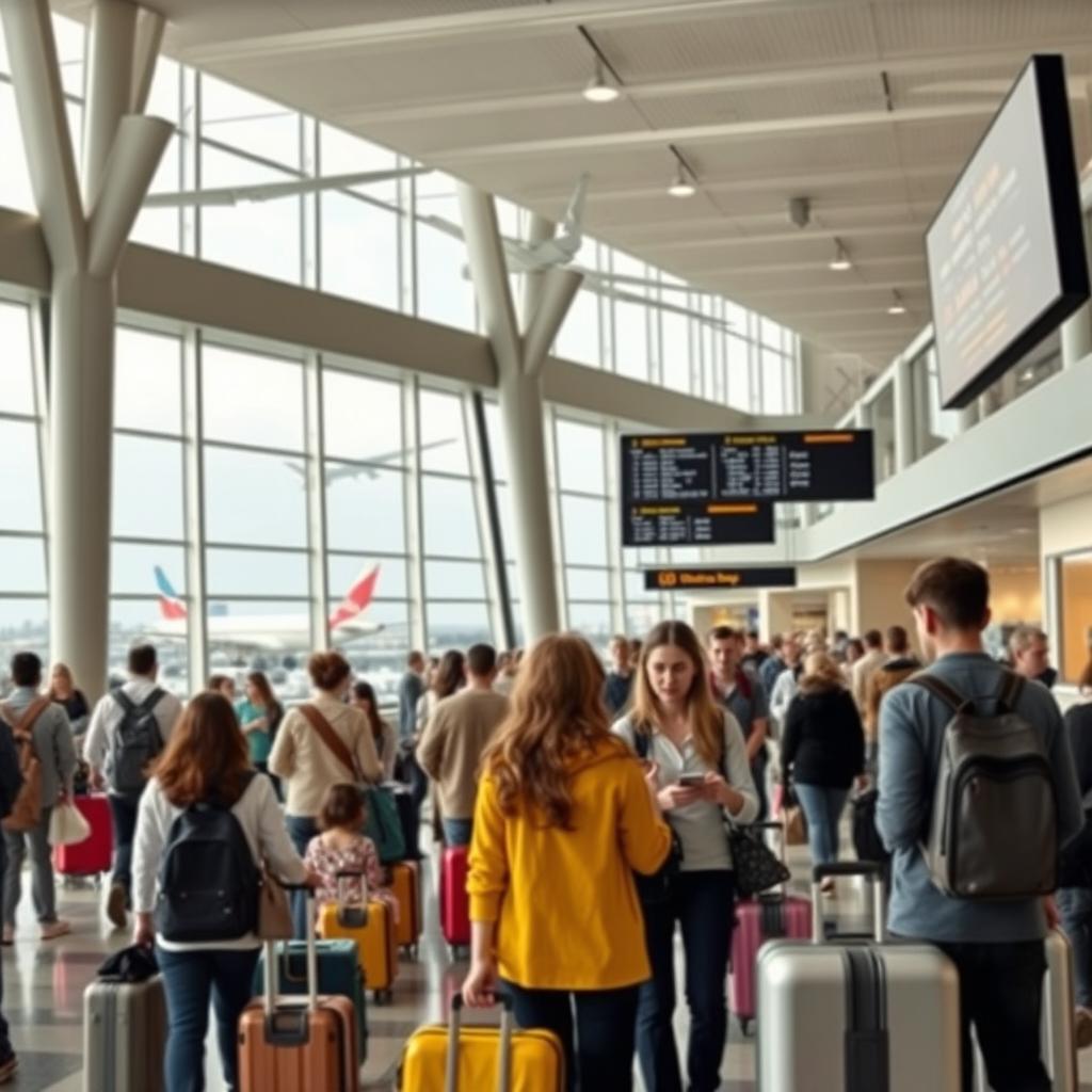 A busy airport scene showcasing travelers moving through the terminal, with large windows revealing airplanes taking off outside