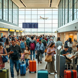 A busy airport scene showcasing travelers moving through the terminal, with large windows revealing airplanes taking off outside