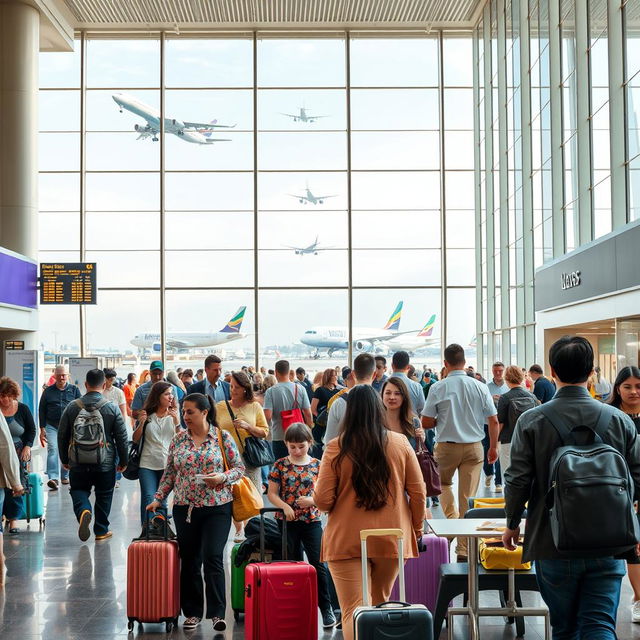 A busy airport scene showcasing travelers moving through the terminal, with large windows revealing airplanes taking off outside