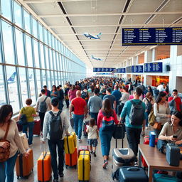 A busy airport scene showcasing travelers moving through the terminal, with large windows revealing airplanes taking off outside