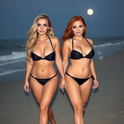 A beautiful, sexy, innocent soft chubby girl with long blond hair and striking blue eyes, featuring dark pink and blue face makeup, bold black eyeliner, and long lashes, walks hand in hand with her gorgeous voluptuous redhead girlfriend