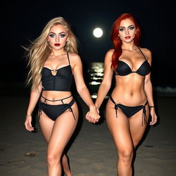 A beautiful, sexy, innocent soft chubby girl with long blond hair and striking blue eyes, featuring dark pink and blue face makeup, bold black eyeliner, and long lashes, walks hand in hand with her gorgeous voluptuous redhead girlfriend