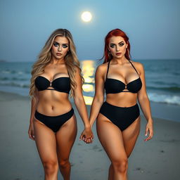 A beautiful, sexy, innocent soft chubby girl with long blond hair and striking blue eyes, featuring dark pink and blue face makeup, bold black eyeliner, and long lashes, walks hand in hand with her gorgeous voluptuous redhead girlfriend