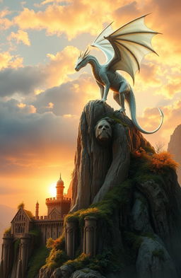 A stunning fantasy novel cover featuring an elegant ivory white dragon majestically perched on a rocky spire