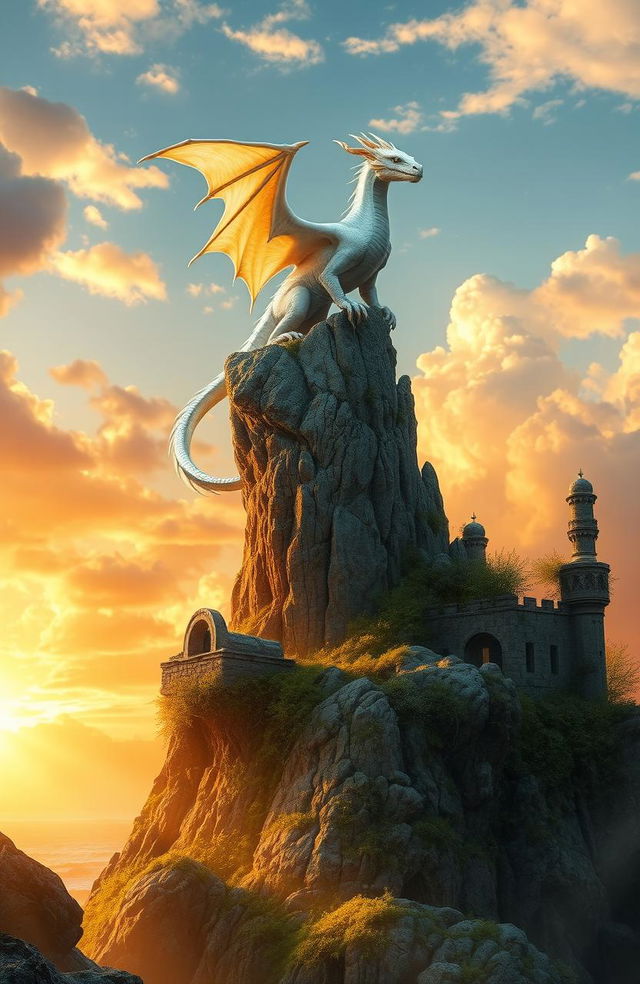 A stunning fantasy novel cover featuring an elegant ivory white dragon majestically perched on a rocky spire