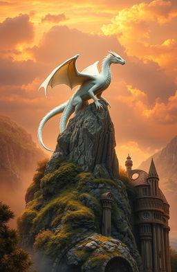 A stunning fantasy novel cover featuring an elegant ivory white dragon majestically perched on a rocky spire
