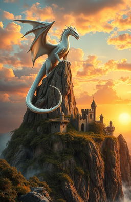 A stunning fantasy novel cover featuring an elegant ivory white dragon majestically perched on a rocky spire