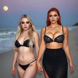 A beautiful, sexy, innocent soft chubby girl with long blond hair and brilliant blue eyes, adorned with dark pink and blue face makeup, bold black eyeliner, and long lashes, walks hand in hand with her stunning voluptuous redhead girlfriend