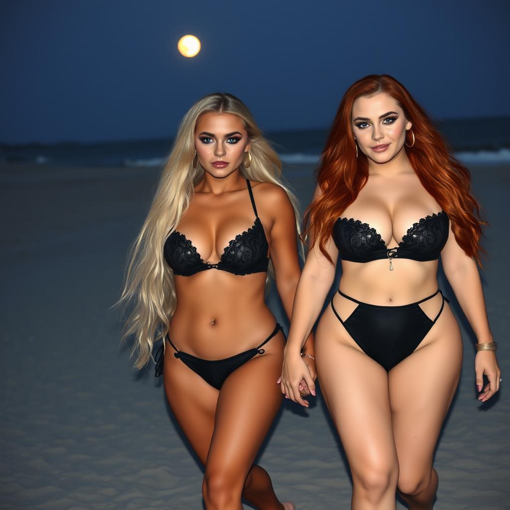 A beautiful, sexy, innocent soft chubby girl with long blond hair and brilliant blue eyes, adorned with dark pink and blue face makeup, bold black eyeliner, and long lashes, walks hand in hand with her stunning voluptuous redhead girlfriend