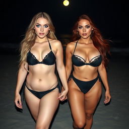 A beautiful, sexy, innocent soft chubby girl with long blond hair and brilliant blue eyes, adorned with dark pink and blue face makeup, bold black eyeliner, and long lashes, walks hand in hand with her stunning voluptuous redhead girlfriend
