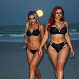 A beautiful, sexy, innocent soft chubby girl with long blond hair and brilliant blue eyes, adorned with dark pink and blue face makeup, bold black eyeliner, and long lashes, walks hand in hand with her stunning voluptuous redhead girlfriend