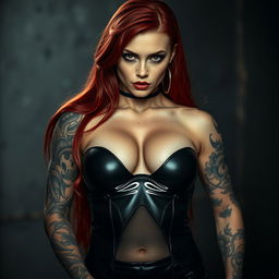 A sexy and seductive female vampire with a muscular athletic body featuring defined abs