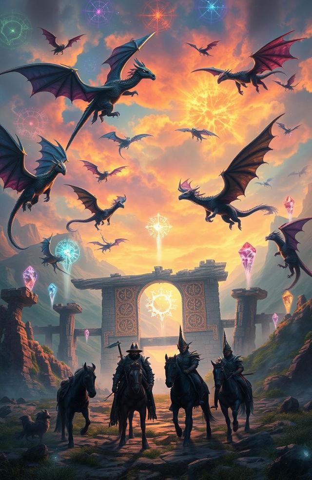 A captivating fantasy scene depicting a vibrant landscape filled with various dragons flying over ancient rune gates that shimmer with magical energy