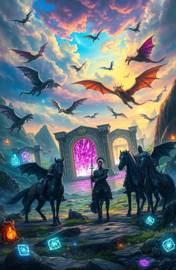 A captivating fantasy scene depicting a vibrant landscape filled with various dragons flying over ancient rune gates that shimmer with magical energy