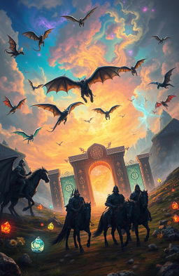 A captivating fantasy scene depicting a vibrant landscape filled with various dragons flying over ancient rune gates that shimmer with magical energy