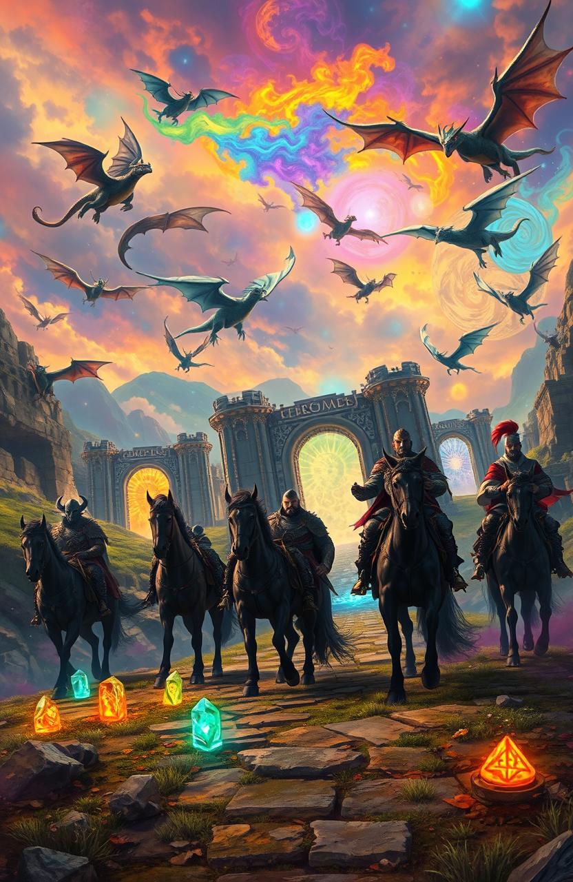 A captivating fantasy scene depicting a vibrant landscape filled with various dragons flying over ancient rune gates that shimmer with magical energy