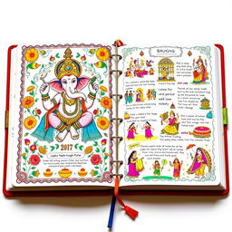 A vibrant and colorful depiction of a Pune Ganapati Mandal diary, showcasing intricate illustrations and symbols associated with Ganesh Chaturthi celebrations
