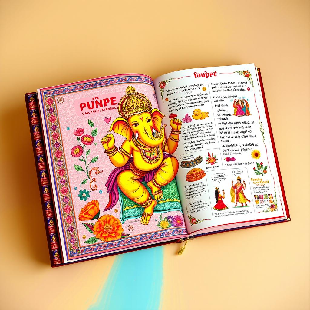 A vibrant and colorful depiction of a Pune Ganapati Mandal diary, showcasing intricate illustrations and symbols associated with Ganesh Chaturthi celebrations