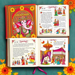 A vibrant and colorful depiction of a Pune Ganapati Mandal diary, showcasing intricate illustrations and symbols associated with Ganesh Chaturthi celebrations