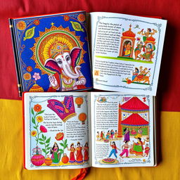 A vibrant and colorful depiction of a Pune Ganapati Mandal diary, showcasing intricate illustrations and symbols associated with Ganesh Chaturthi celebrations