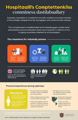A professional infographic showcasing the competencies of graduates from a hospitality program in collaboration with the industry