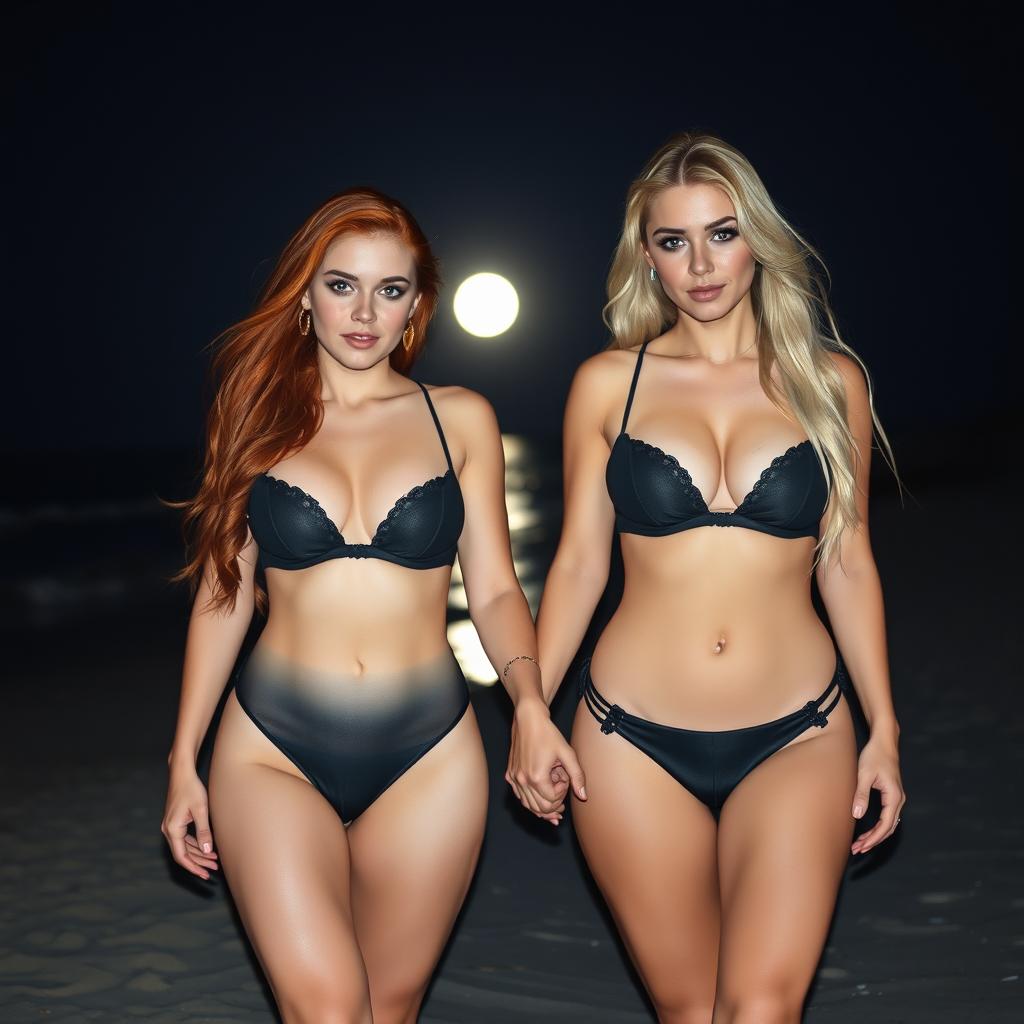 A beautiful, sexy, innocent soft hourglass-shaped young woman with long blond hair and sparkling blue eyes, adorned with dark pink and blue eye makeup, bold black eyeliner, mascara, and long lashes, walks hand in hand with her stunning voluptuous redhead girlfriend