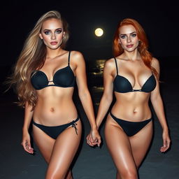 A beautiful, sexy, innocent soft hourglass-shaped young woman with long blond hair and sparkling blue eyes, adorned with dark pink and blue eye makeup, bold black eyeliner, mascara, and long lashes, walks hand in hand with her stunning voluptuous redhead girlfriend