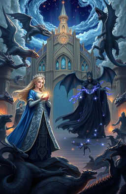 A fantasy scene depicting an epic battle between dragons and mystical creatures under a starry sky, surrounded by ancient rune gates glowing with magic