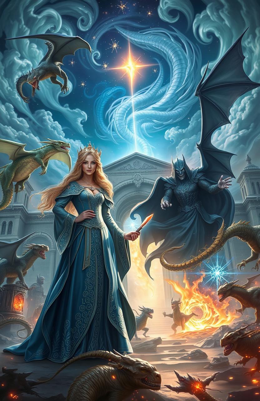 A fantasy scene depicting an epic battle between dragons and mystical creatures under a starry sky, surrounded by ancient rune gates glowing with magic