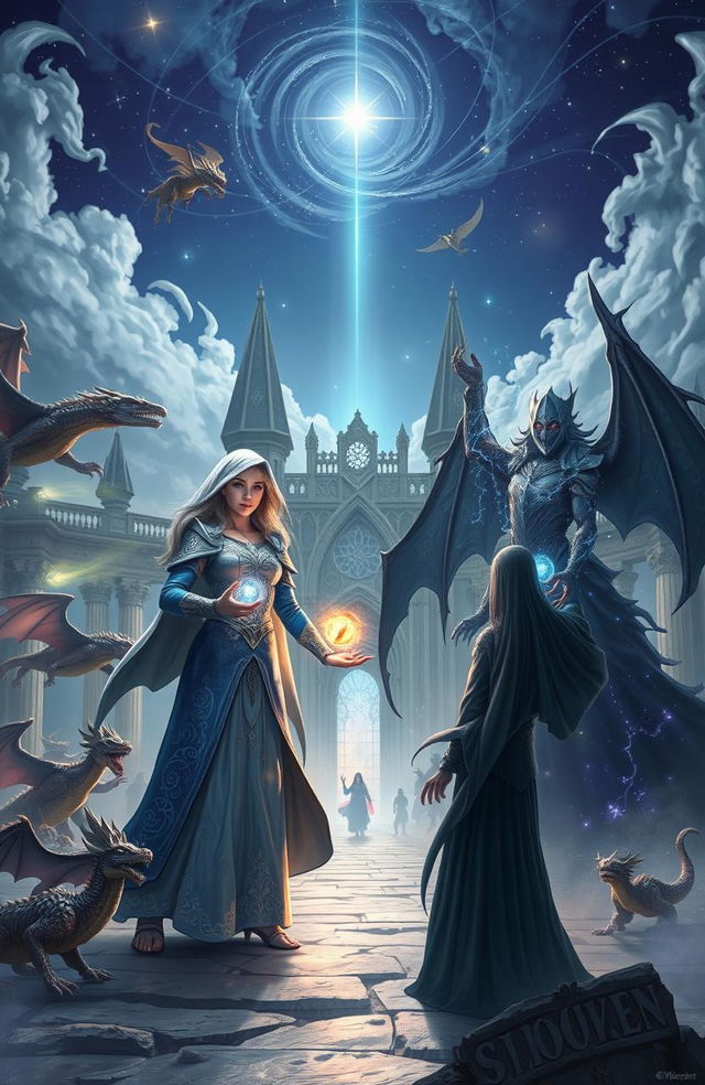 A fantasy scene depicting an epic battle between dragons and mystical creatures under a starry sky, surrounded by ancient rune gates glowing with magic