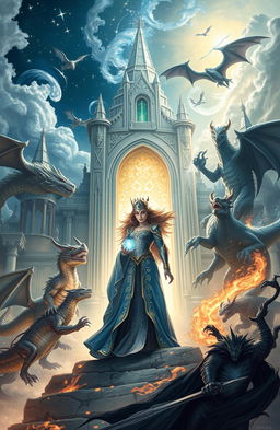 A fantasy scene depicting an epic battle between dragons and mystical creatures under a starry sky, surrounded by ancient rune gates glowing with magic