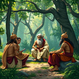 An epic scene depicting the Pandavas and Kauravas, young warriors of the Mahabharata, engaged in a serious learning session with sage Vedavyas